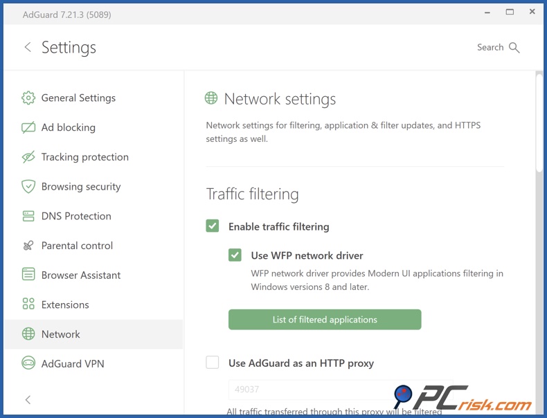 AdGuard filtraggio del traffico