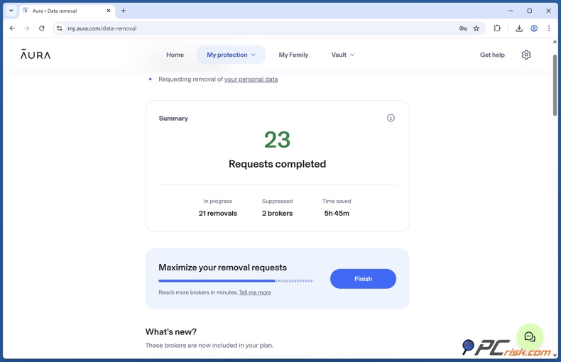 Stato di avanzamento della rimozione dei dati Aura