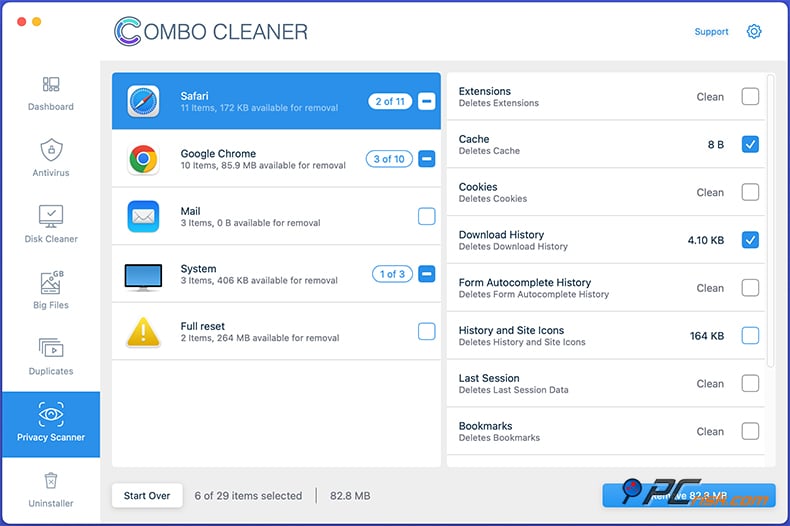 Combo Cleaner funzionalità di scansione della privacy su macOS