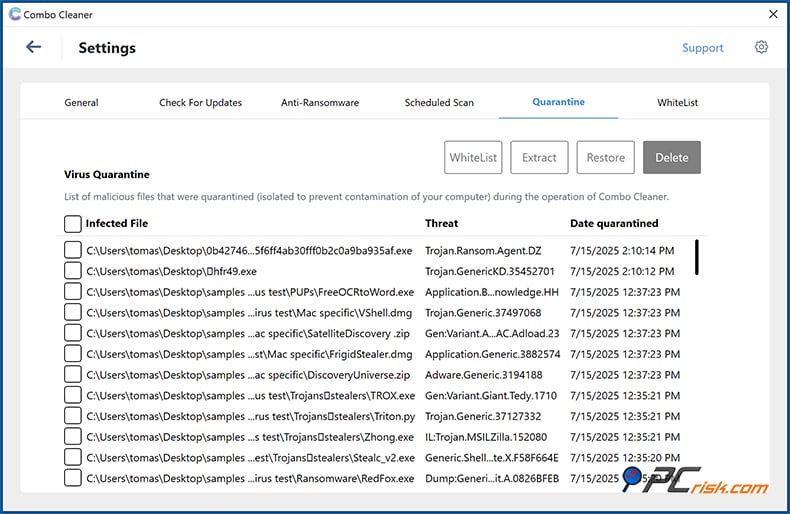 Combo Cleaner quarantena window