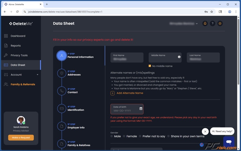 DeleteMe Configurazione scheda tecnica