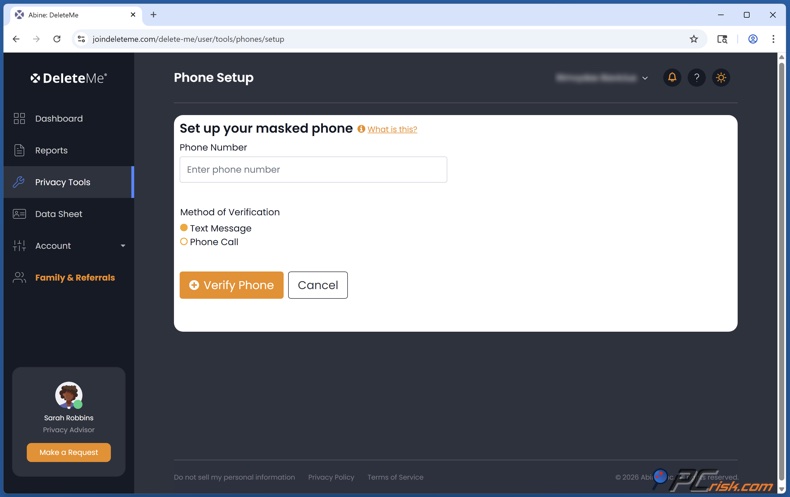 DeleteMe Mascheramento del numero di telefono