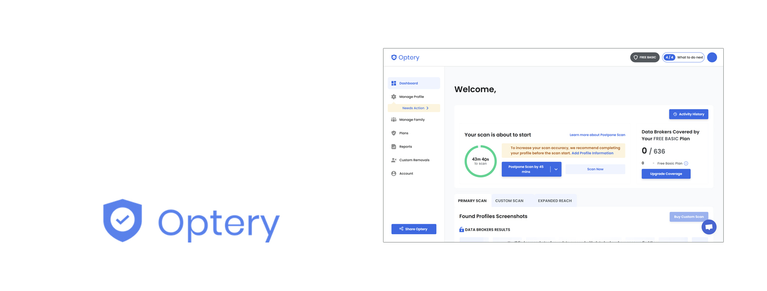 Optery intestazione del servizio di rimozione dei dati