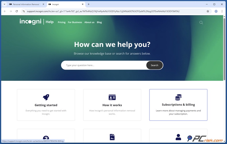 Incogni Centro assistenza