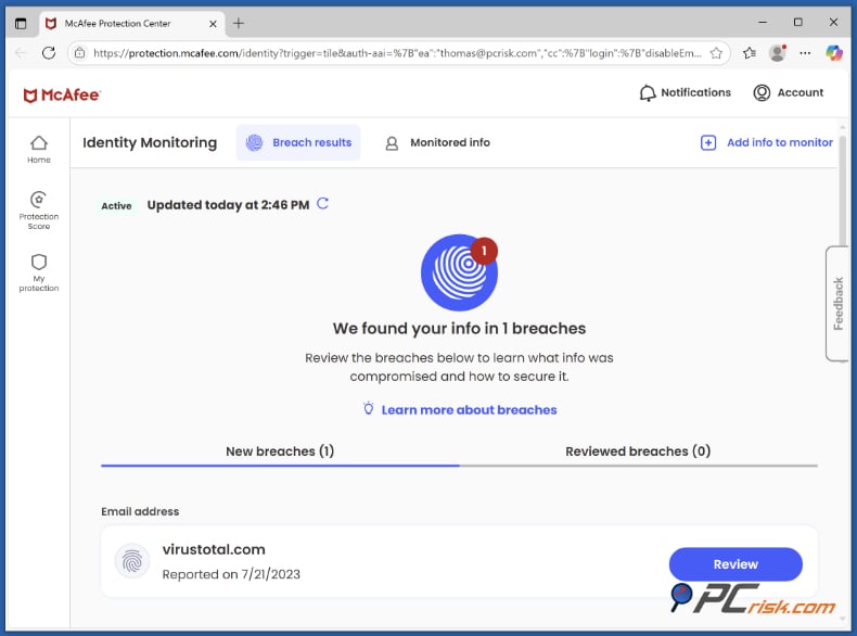 mcafee monitoraggio dell'identità