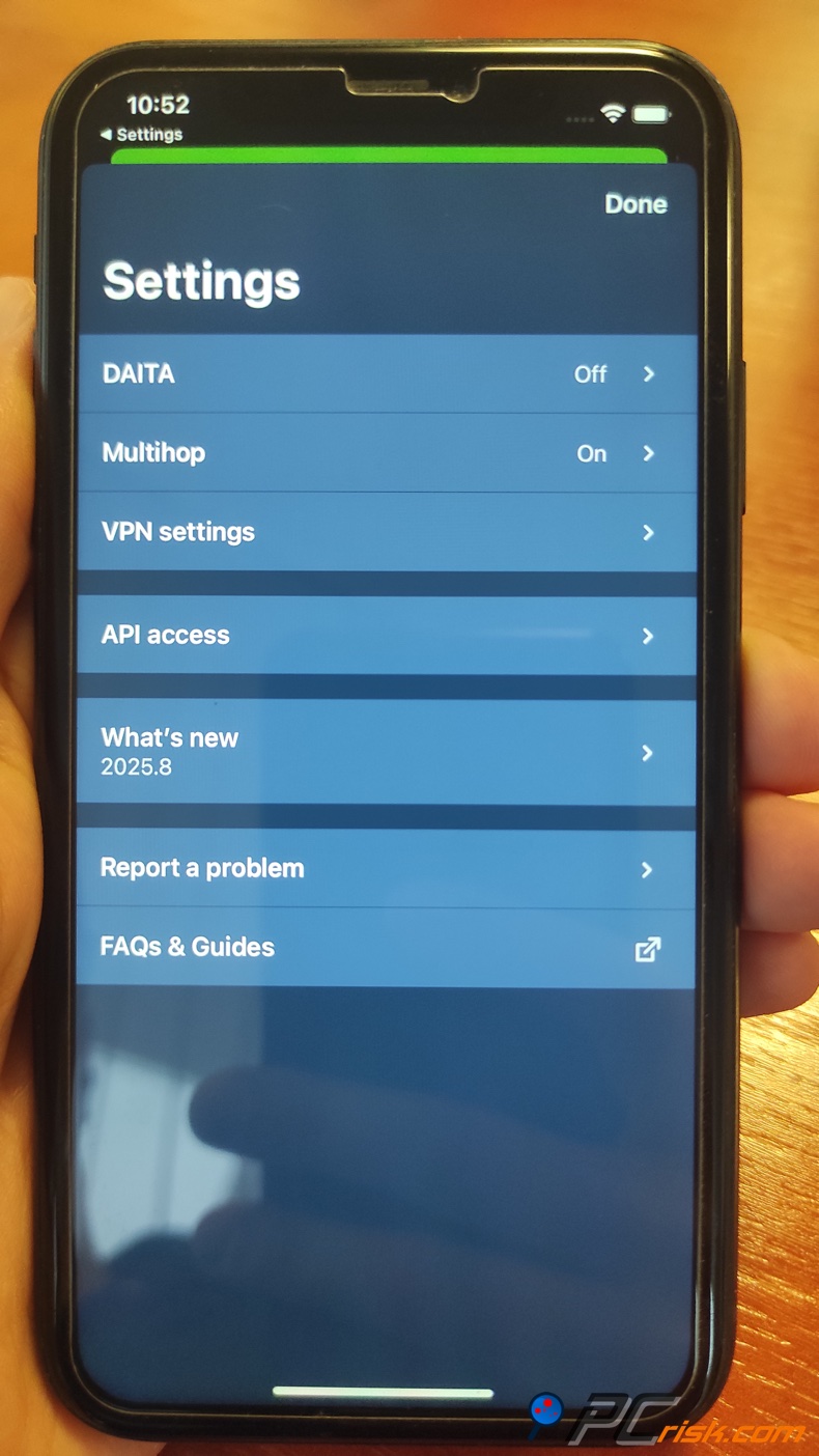 Mullivad per iOS Menu Impostazioni