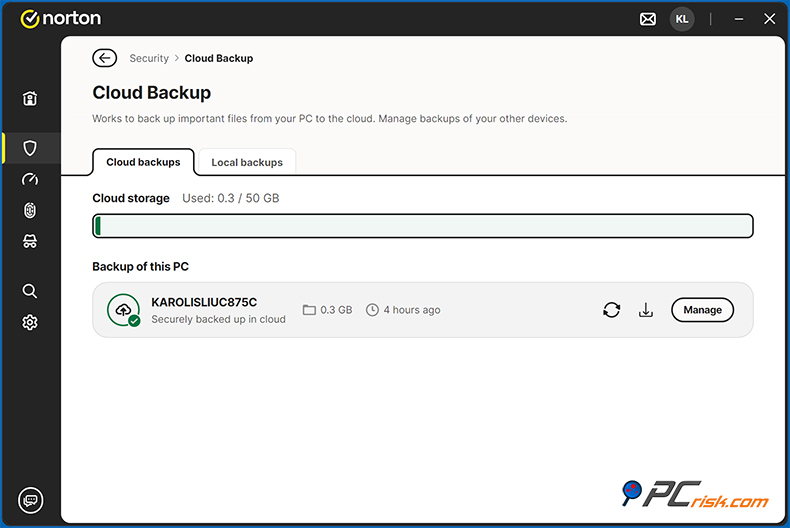 Norton 360 Deluxe Backup su cloud