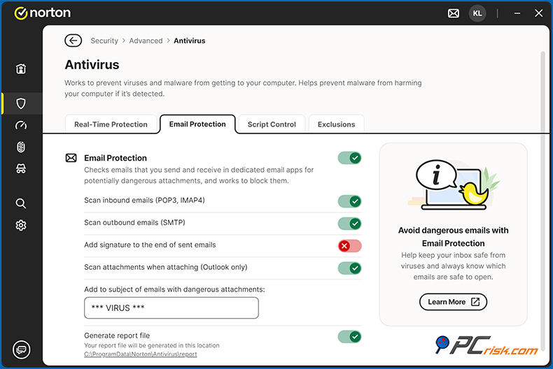 Norton 360 Deluxe Email and Spam filtering