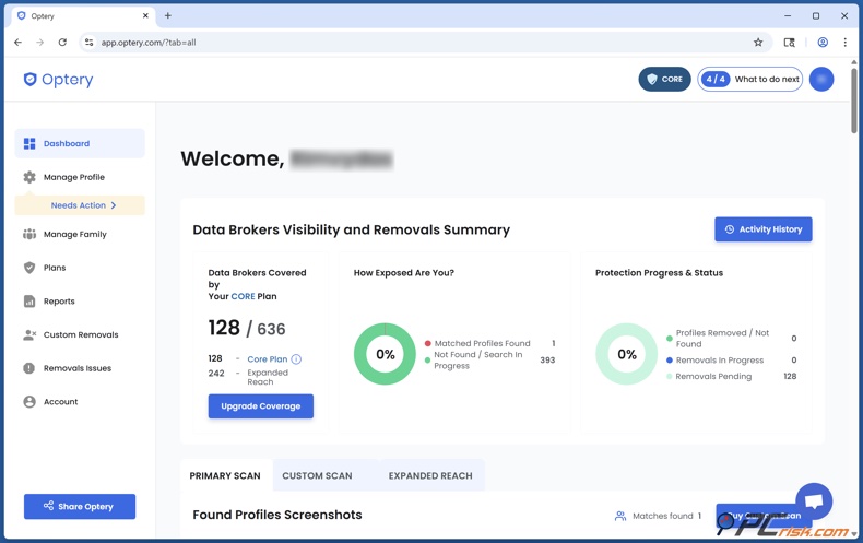 Optery Pannello di controllo