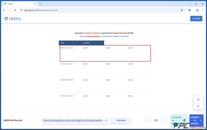 Optery Scansione della privacy