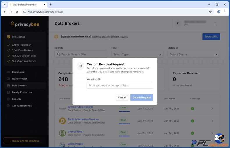 Privacy Bee Richiesta di rimozione personalizzata