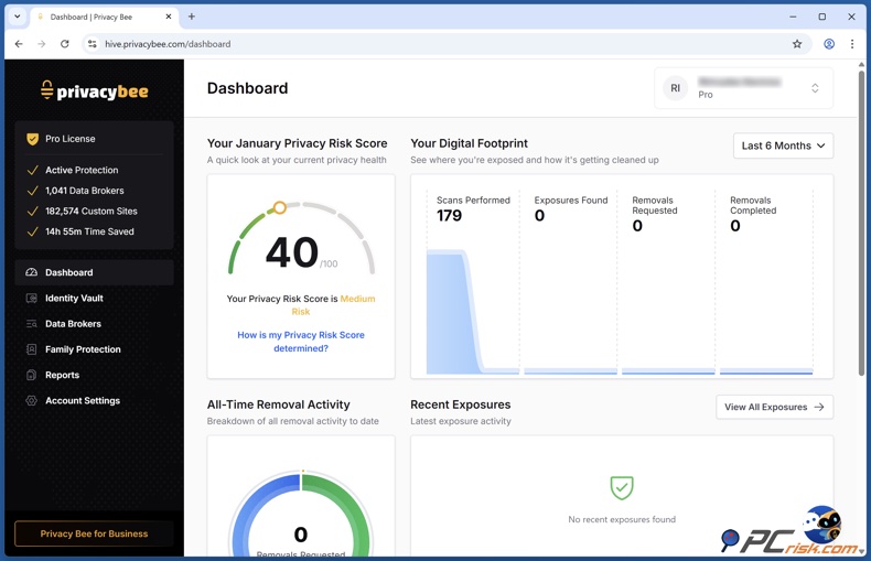 Privacy Bee Pannello di controllo