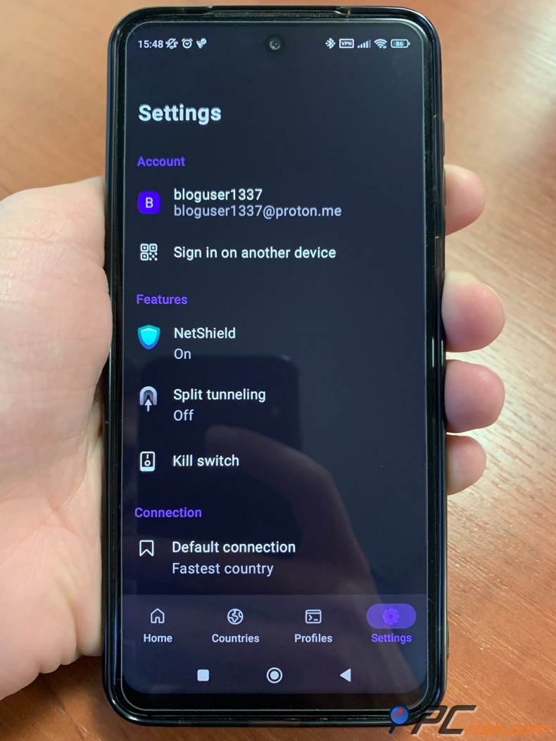 Proton Menu delle impostazioni dell'app VPN per Android
