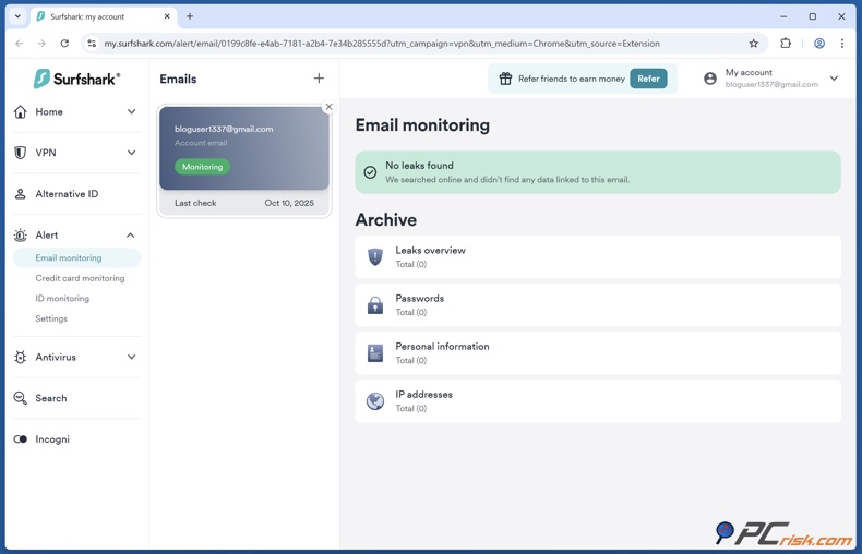 Surfshark VPN Monitoraggio delle violazioni dei dati