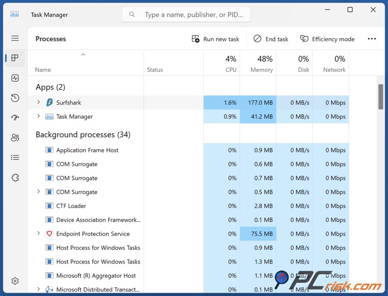 Surfshark VPN utilizzo delle risorse desktop