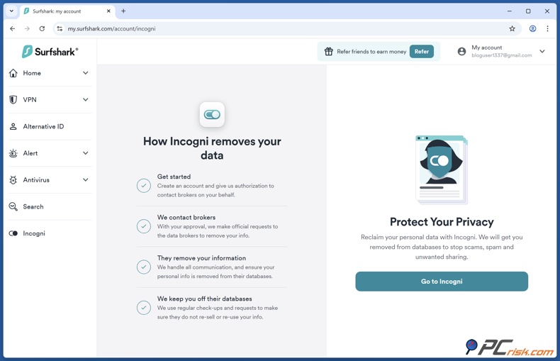 Surfshark Incogni page