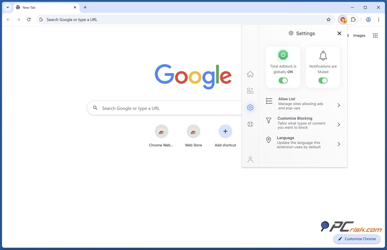 Total Adblock menu delle impostazioni