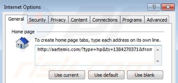 Rimuovere aartemis dalla homepage di Internet Explorer 