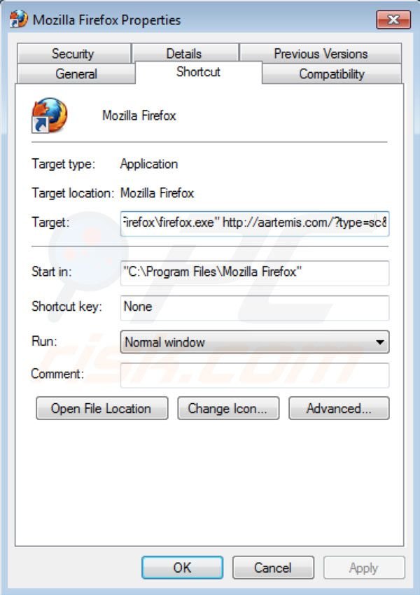 Rimuovere Aartemis dal collegamento a Mozilla Firefox 