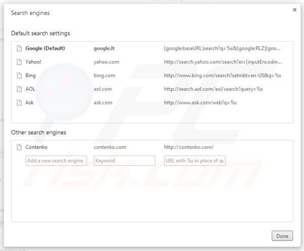 Rimuovere contenko.com dal motore di ricerca predefinito di Google Chrome 