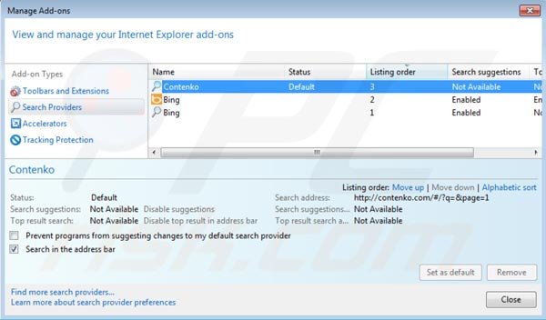 Rimuovere contenko.com dal motore di ricerca di Internet Explorer 