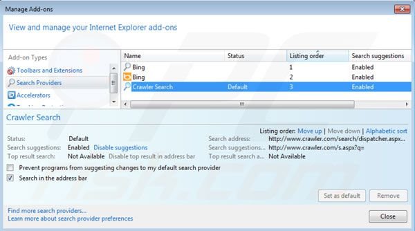 Rimuovere crawler.com dal motore di ricerca di Internet Explorer