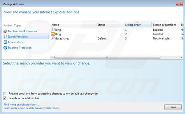 Dosearches rimozione da Intenret Explorer impostazioni motore di ricerca