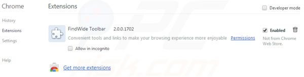 Rimuovere findwide.com dalle estensioni di Google Chrome 