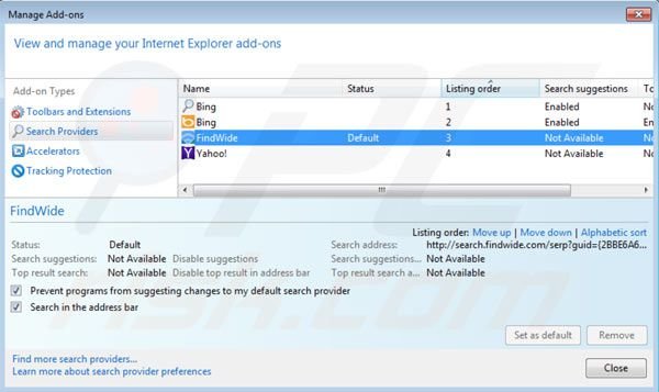 Rimuovere search.findwide.com dal motore di ricerca di Internet Explorer 