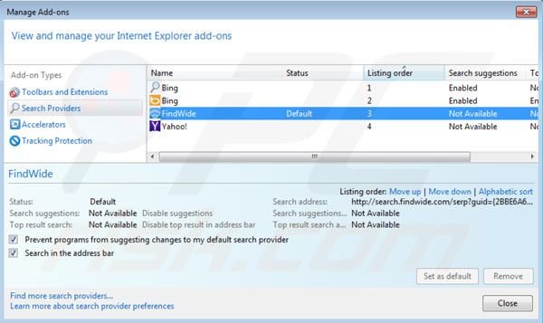 Rimuovere search.findwide.com dal motore di ricerca di Internet Explorer 