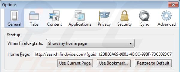 Rimuovere findwide.com dalla homepage di Mozilla Firefox 