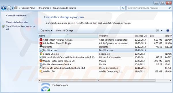 search.findwide.com rimozione dal pannello di controllo