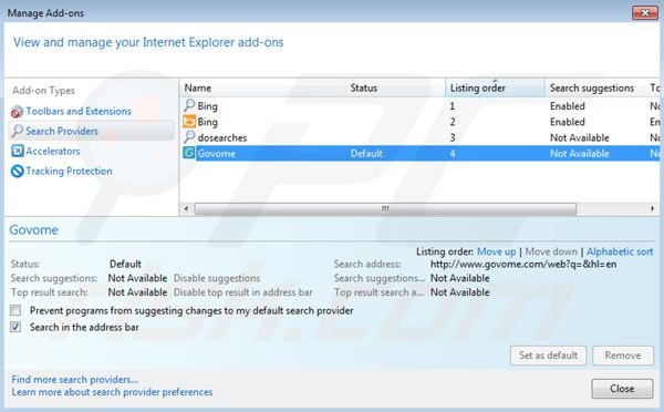 Rimuovere Govome dal motore di ricerca di Internet Explorer 