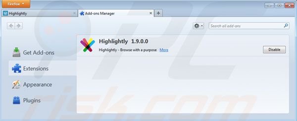 Rimuovere Highlightly dalle estensioni di Mozilla Firefox step 2