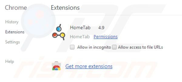 Hometab rimozione dalle estensioni di Google Chrome step 2