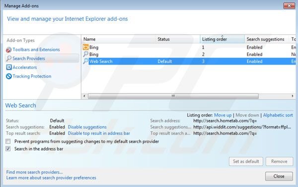 Hometab rimozione dal motore di ricerca di Internet Explorer