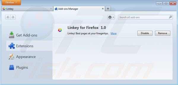 Rimuovere linkey dalle Mozilla Firefox extensions step 2