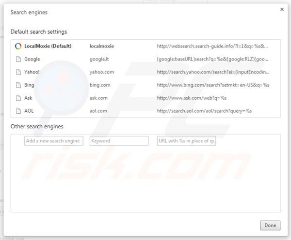 Localmoxie rimozione del motore di ricerca da Google Chrome 