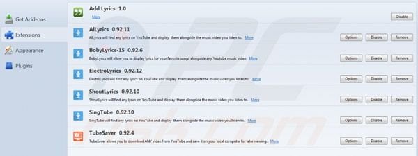 Lyrics virus rimozione da Mozilla Firefox step 2