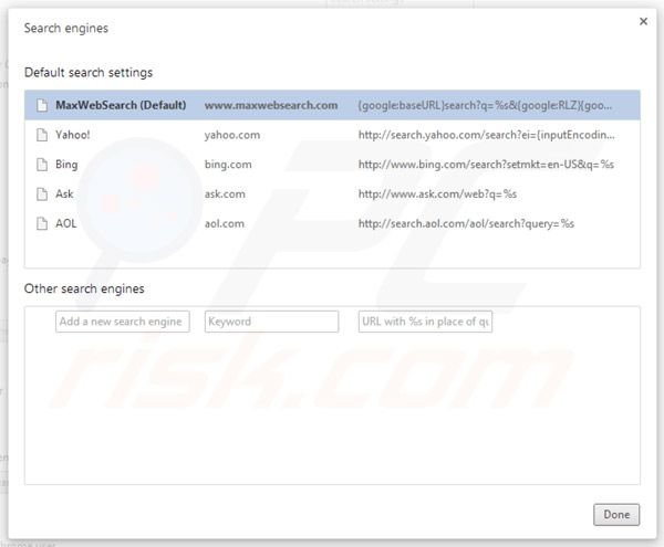 maxwebsearch.com rimozione dal motore di ricerca di Google Chrome 
