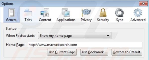 Rimuovere maxwebsearch.com dalla homepage di Mozilla Firefox 