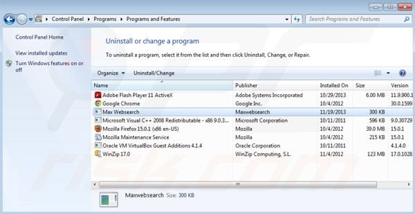 Maxwebsearch rimozione dal pannello di controllo