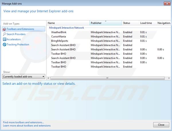 Mindspark toolbar rimozione dalle estensioni di Intenret Explorer 