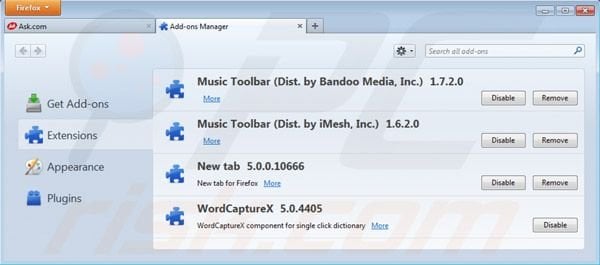 Rimuovere Music toolbar dalle estensioni di Mozilla Firefox 