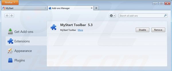 Rimuovere mystart.com dallee stensioni di Mozilla Firefox