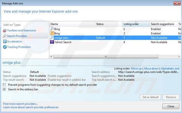 Omiga plus rimozione da Internet Explorer motore di ricerca predefinito