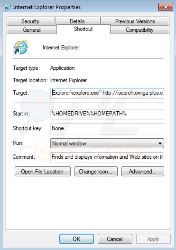 Rimuovere isearch Omiga plus redirect virus da Internet Explorer 
