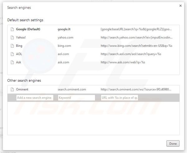 Rimuovere search.ominent.com dal motore di ricerca di Google Chrome 
