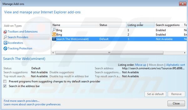 Rimuovere search.ominent.com dal motore di ricerca predefinito di Internet Explorer 