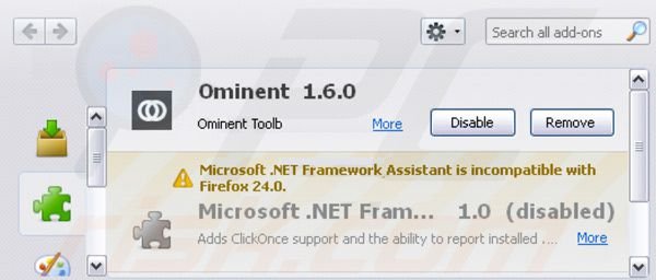 Rimuovere Ominent toolbar dalle estensioni di Mozilla Firefox 